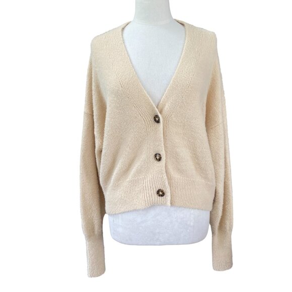 Urban Outfitters Oversized Puff Sleeve Button Cardigan Cream Slouchy Fuzzy-S - Picture 1 of 13